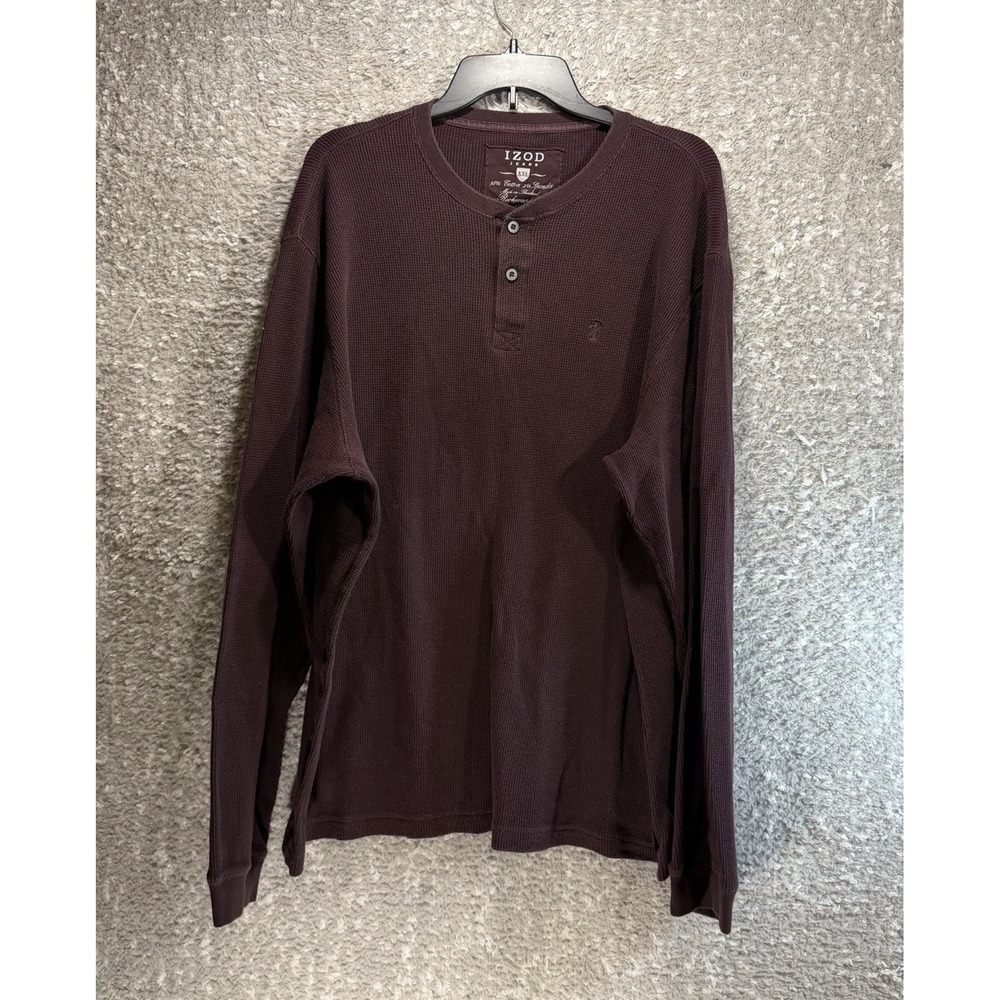 Izod Mens Waffle Knit Thermal Henley Long Sleeve Shirt Brown XXL Preppy Outdoor